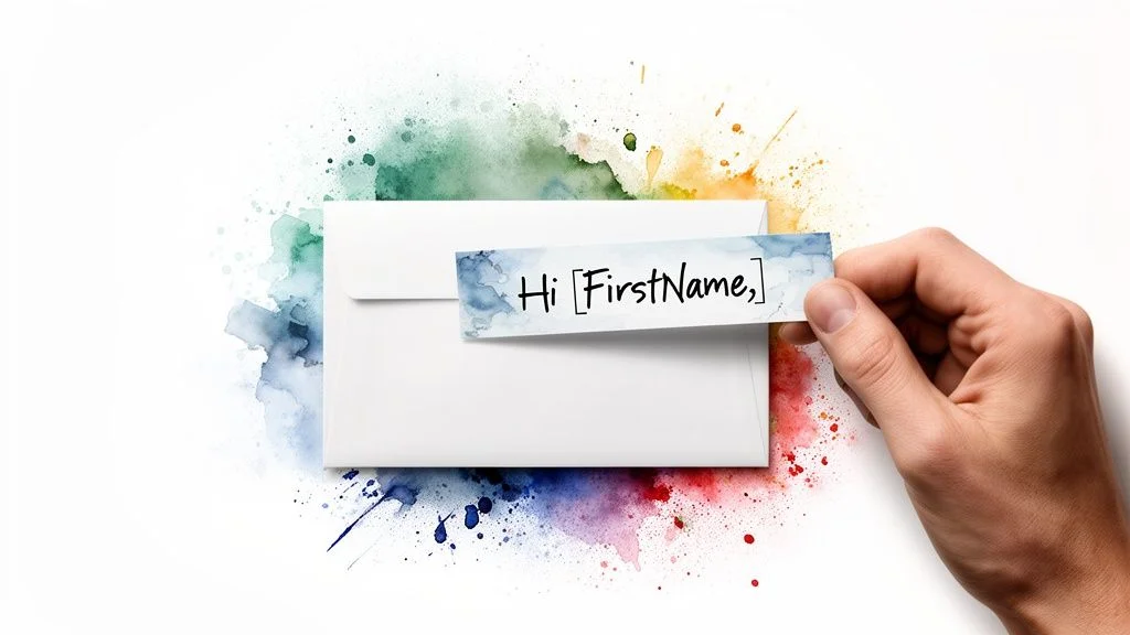 A hand pulls a personalized "Hi [FirstName,]" card from a white envelope with watercolor splashes.
