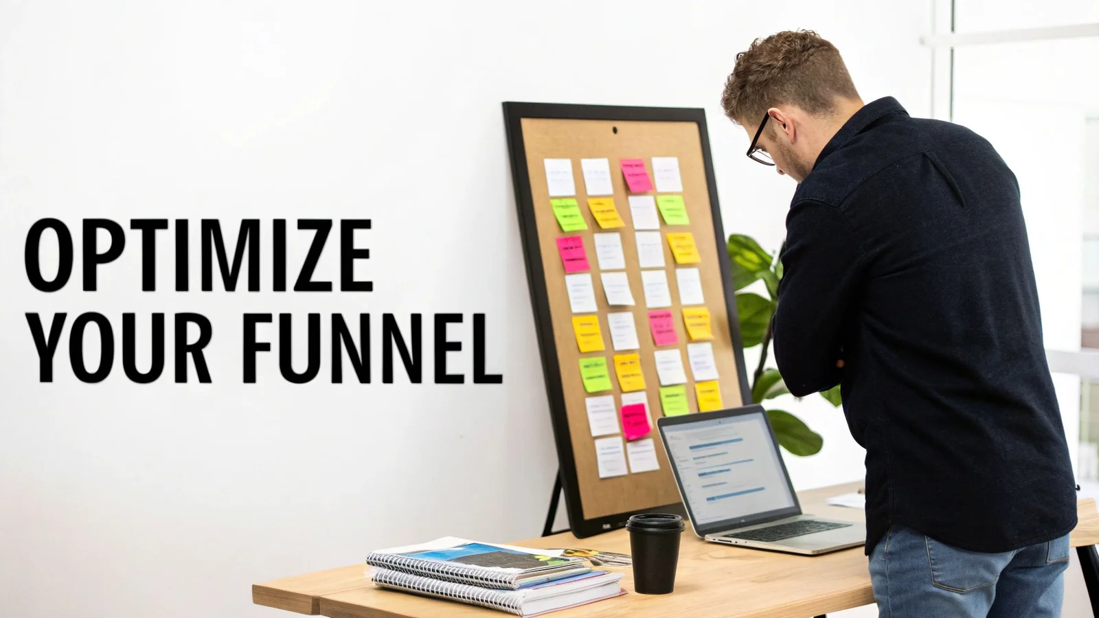 Man reviewing a corkboard with colorful sticky notes and a laptop, next to "OPTIMIZE YOUR FUNNEL" text.
