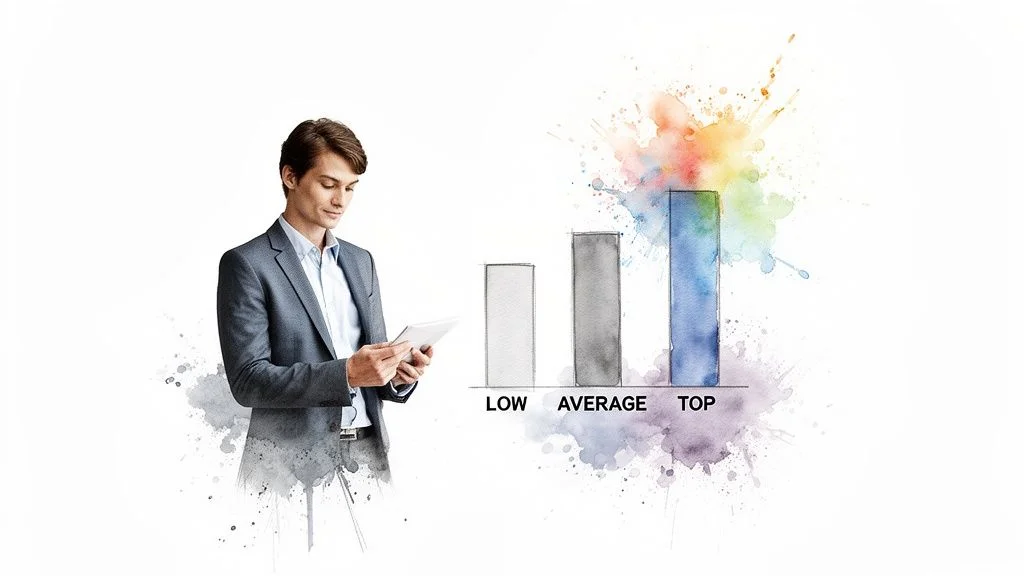 Businessman with tablet analyzing a watercolor bar chart depicting low, average, and top performance.