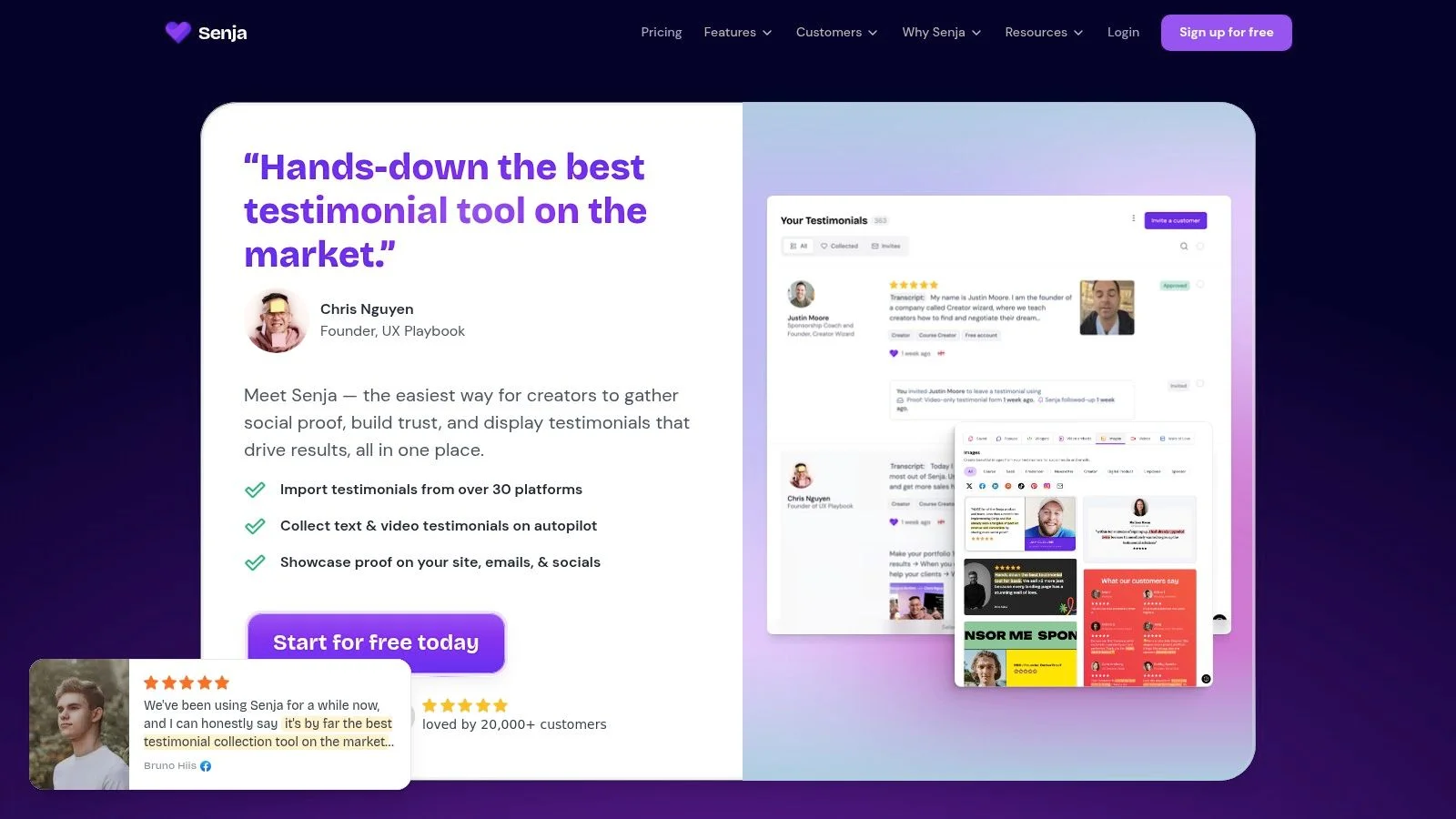 Senja showing a Wall of Love with customer testimonials