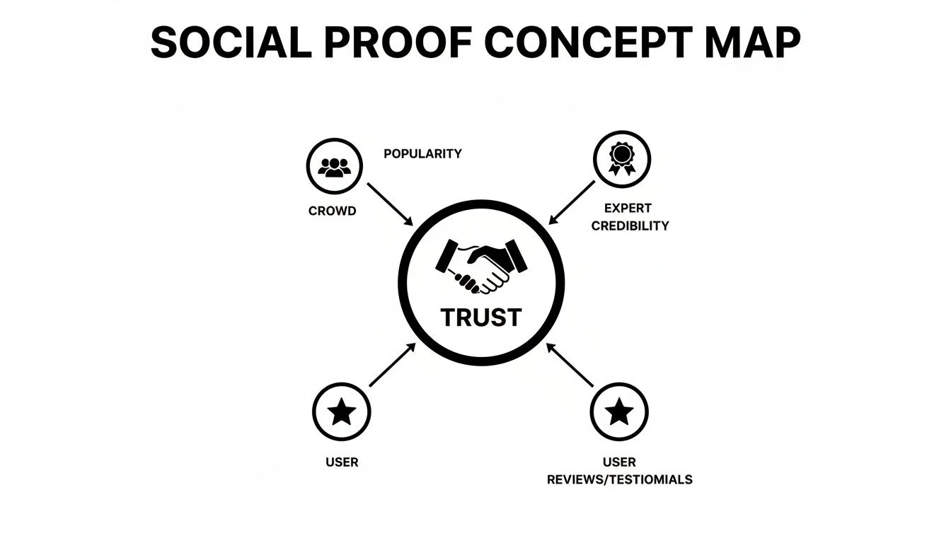 A social proof concept map illustrating how popularity, expert credibility, and user testimonials build trust.