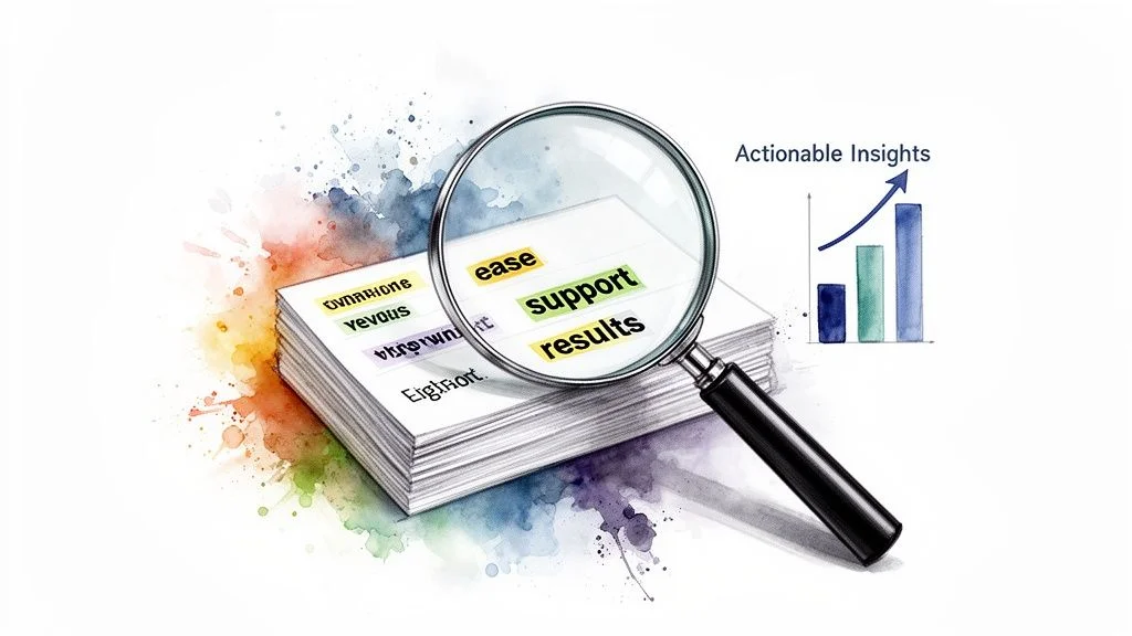 A magnifying glass over documents highlights 'ease,' 'support,' 'results,' next to a bar chart showing 'Actionable Insights'.