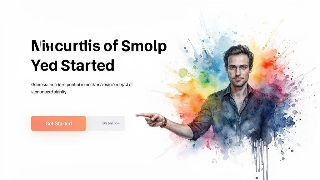 A man points right, surrounded by colorful watercolor splashes, next to a 'Get Started' button.