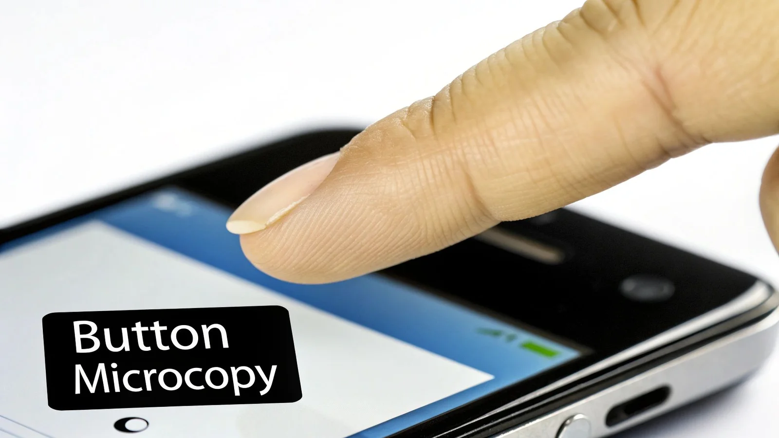 A person's finger gently touching the screen of a smartphone displaying "Button Microcopy" text.