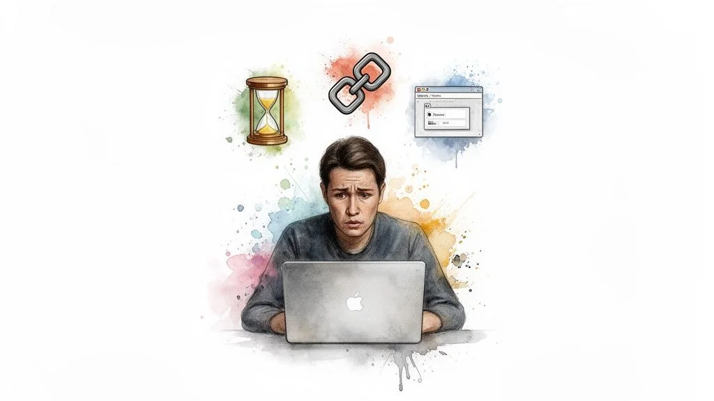 A frustrated man looks at his laptop, surrounded by symbols of waiting, connection, and a login prompt.