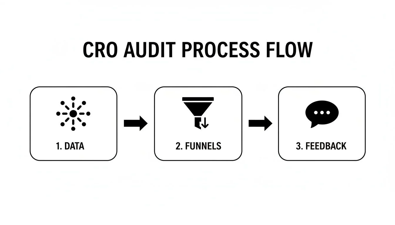 A CRO Audit Process Flow diagram showing three steps: Data, Funnels, and Feedback.