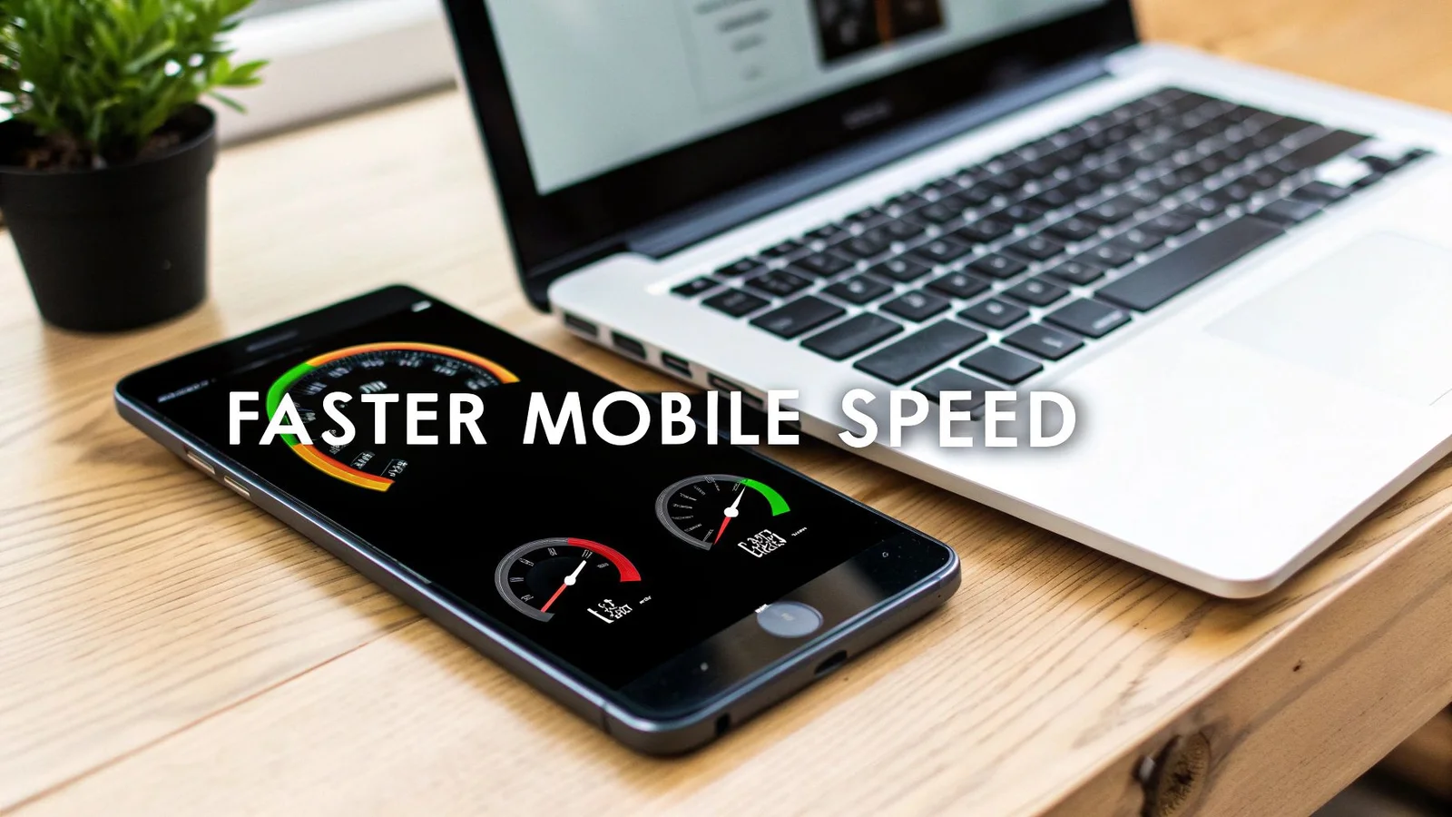 A smartphone displaying speed test gauges and 'FASTER MOBILE SPEED' text next to a laptop on a wooden desk.