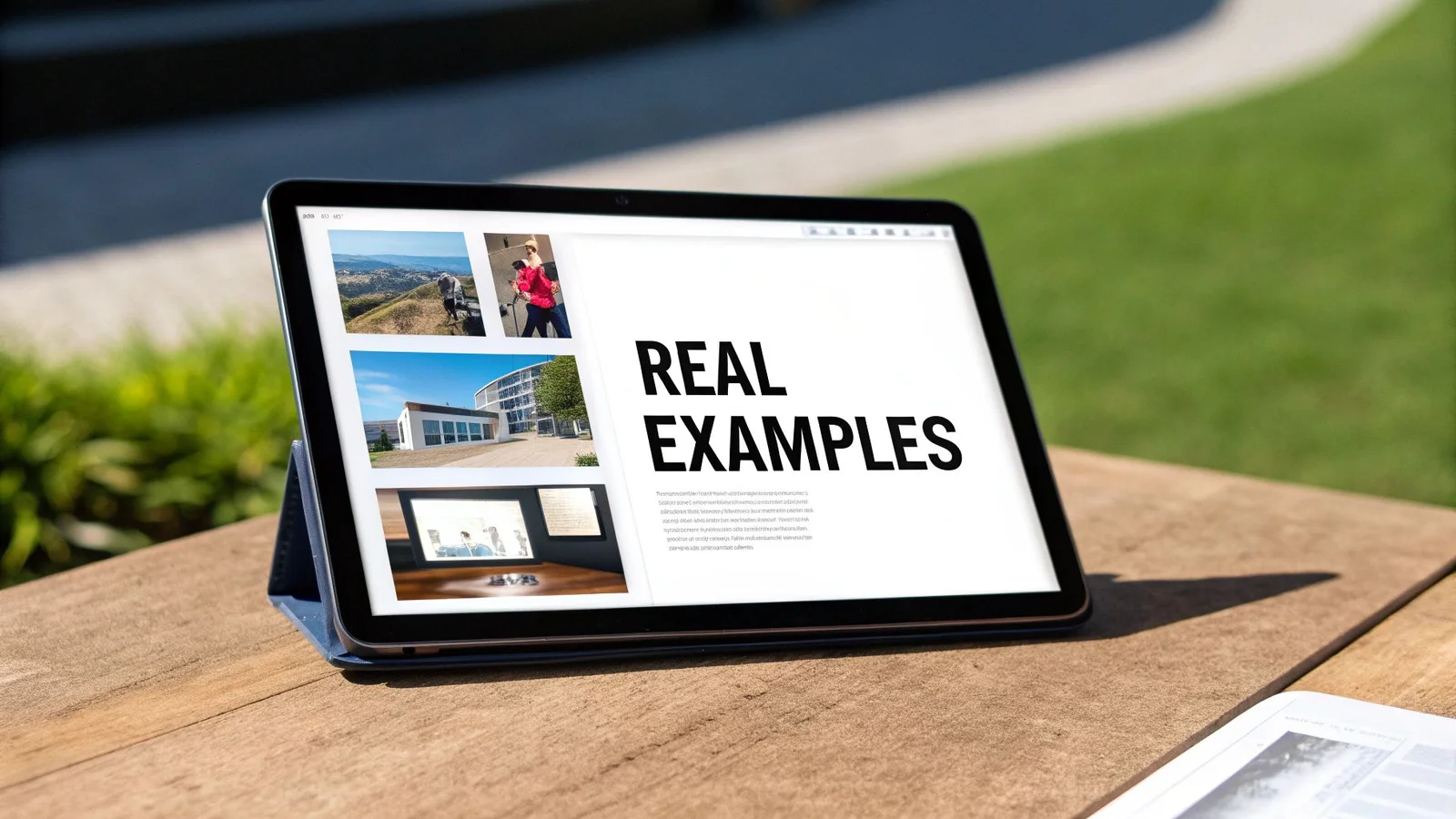 A tablet on a wooden table outdoors displays 'REAL EXAMPLES' and various image content.