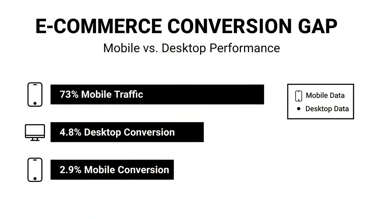 E-commerce conversion gap infographic detailing mobile traffic, desktop conversion, and mobile conversion rates.
