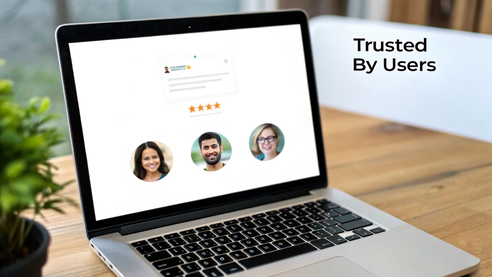 Laptop screen displaying user testimonials with star ratings and profile pictures on a wooden desk, emphasizing trust.