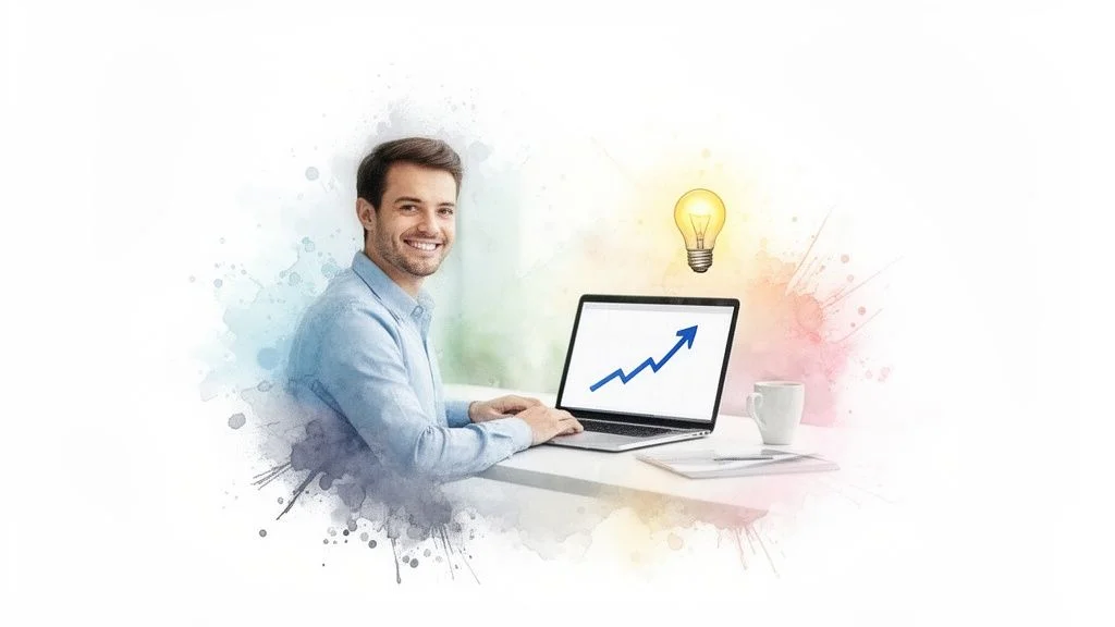 Smiling man working on a laptop showing a growth graph, with a glowing lightbulb above.