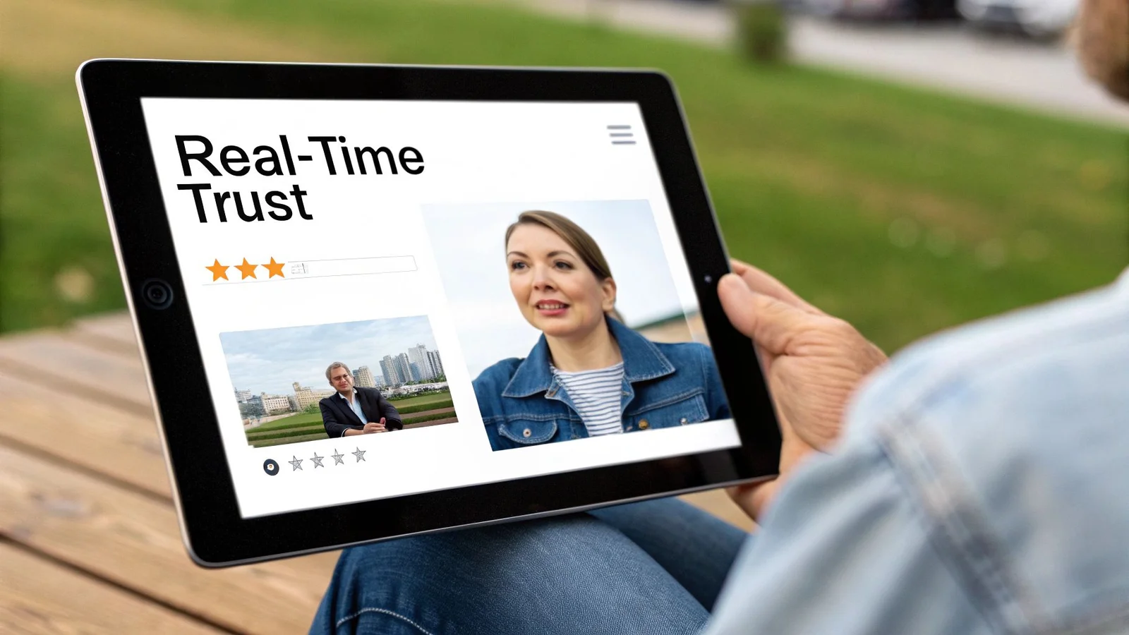 A person holds a tablet displaying a 'Real-Time Trust' webpage with images and star ratings, sitting outdoors.