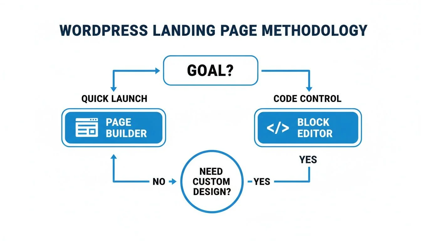 Flowchart illustrating WordPress landing page creation methodology, guiding users through page builders or block editors.