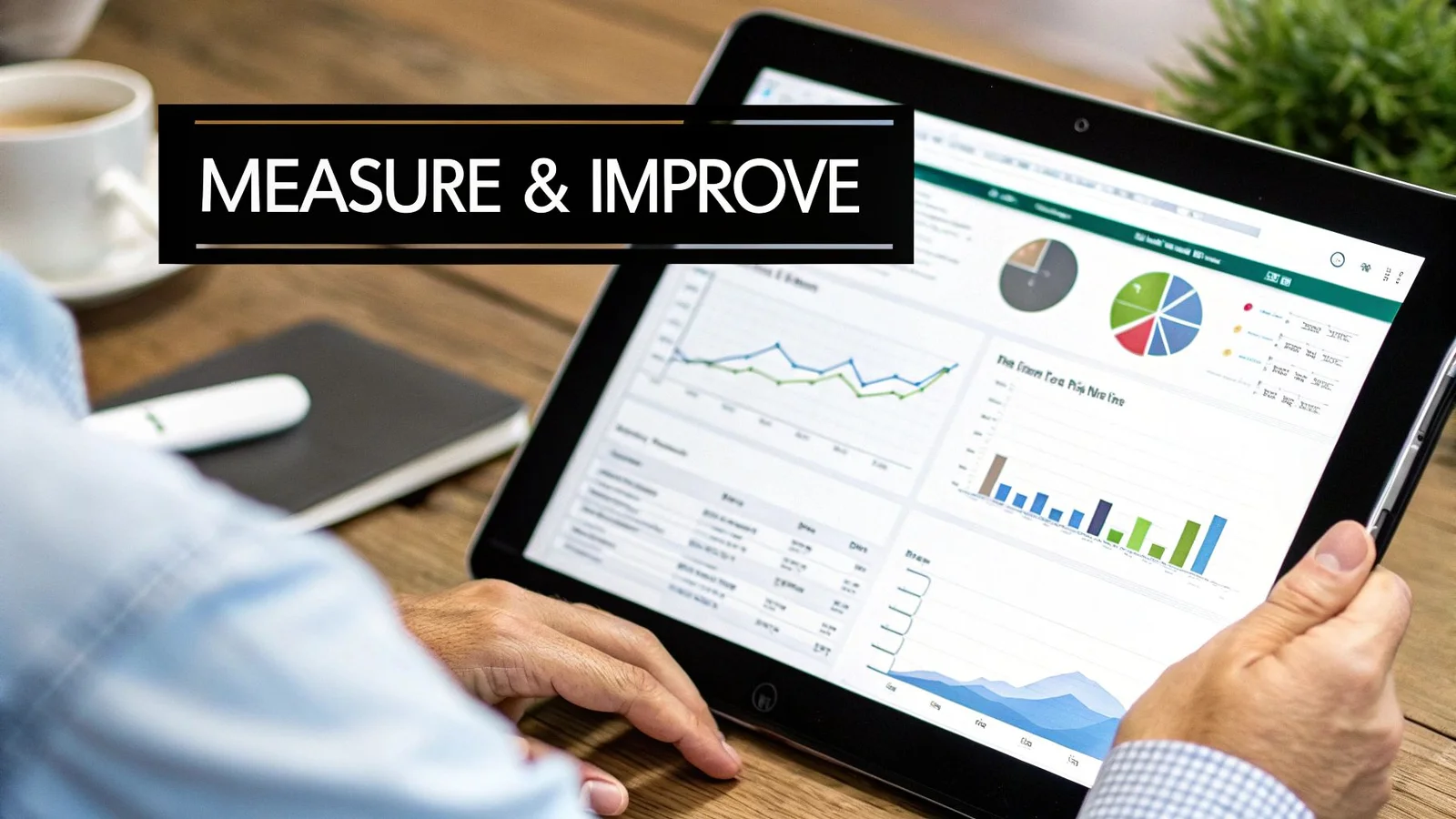 A person analyzes business data, charts, and graphs on a tablet screen, with 'MEASURE & IMPROVE' text.