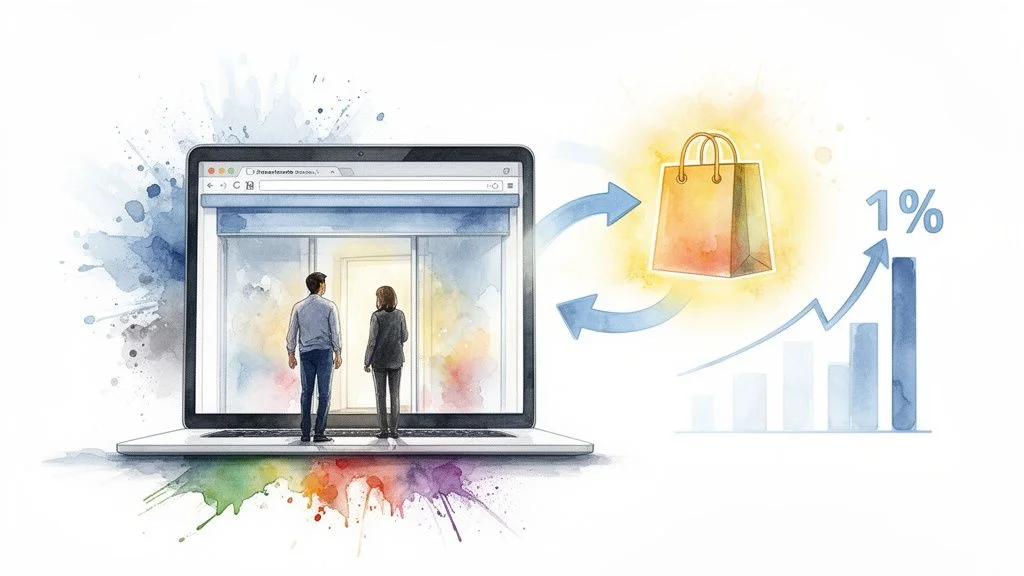 Watercolor illustration of a laptop showing online shopping, a glowing bag, and a graph with a 1% conversion rate increase.