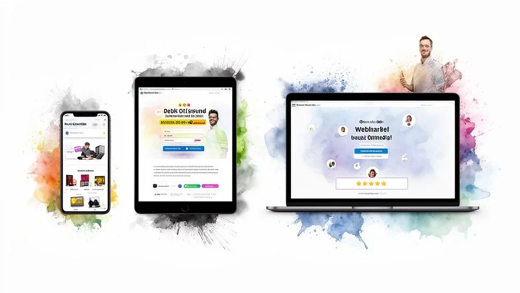 Digital devices displaying responsive website designs on a smartphone, tablet, and laptop with colorful artistic splashes.