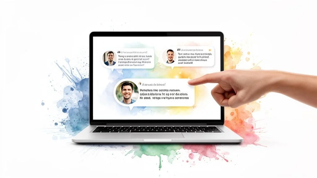 A hand points to customer testimonials on a laptop screen, surrounded by watercolor splashes.