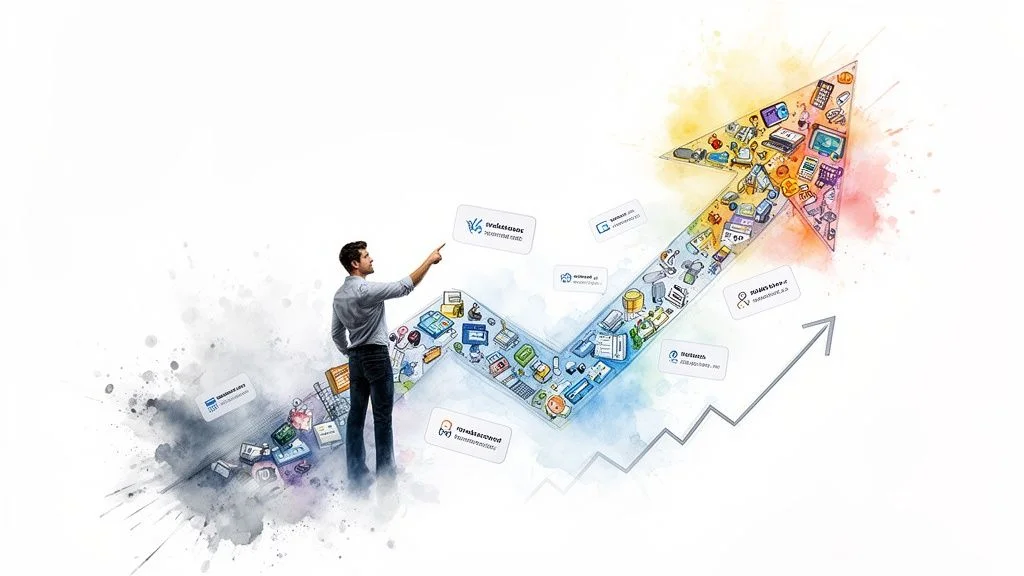 A man points to a vibrant, upward-trending arrow filled with various technology and business icons, symbolizing progress and innovation.