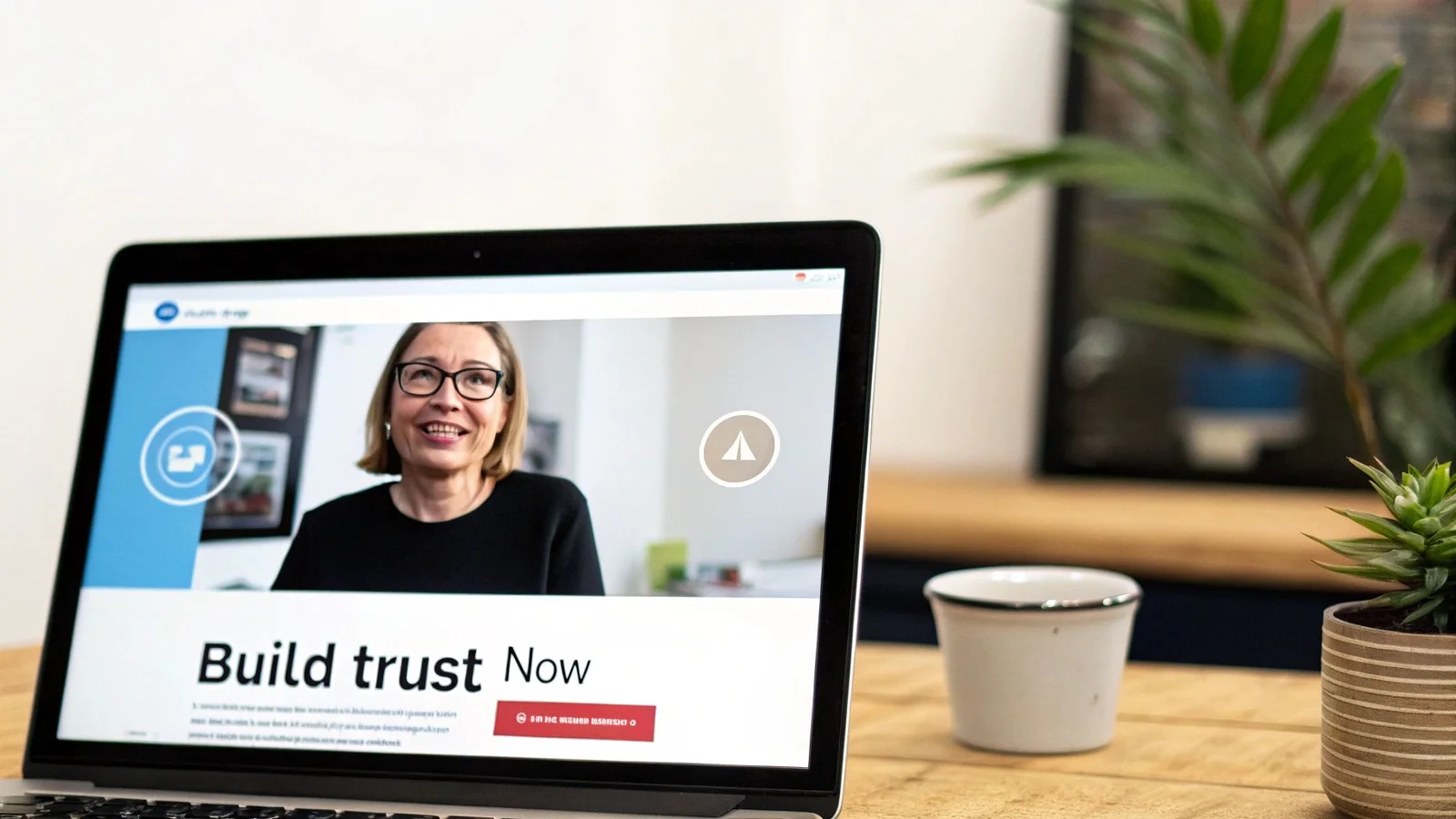 A laptop displays a webpage featuring a smiling woman, the text "Build trust Now", and a red button.