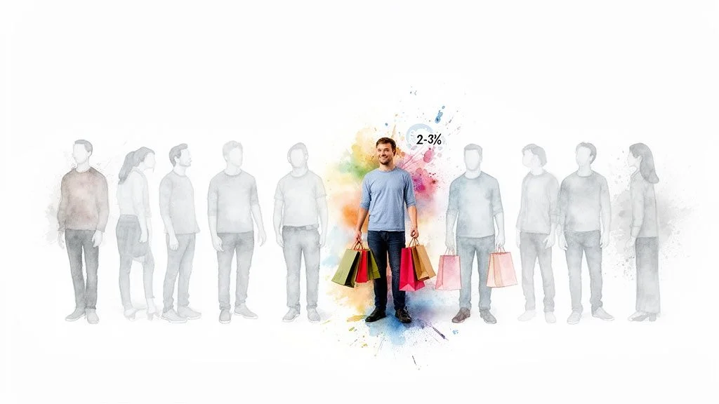 A happy man holding colorful shopping bags and '2-3%' stands out from a line of faded people.