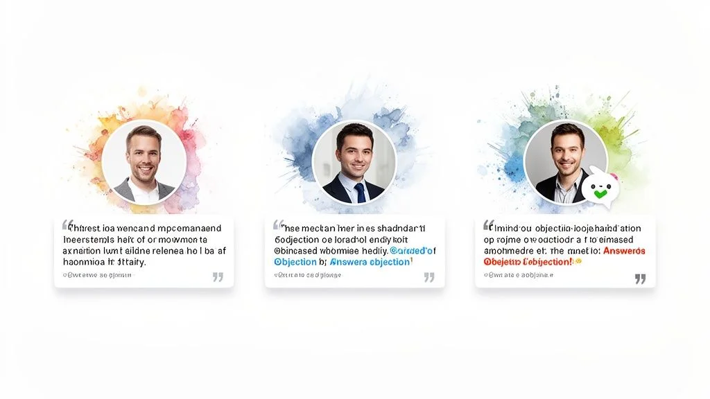Three smiling men showcase customer testimonials with colorful watercolor backgrounds and quotes.