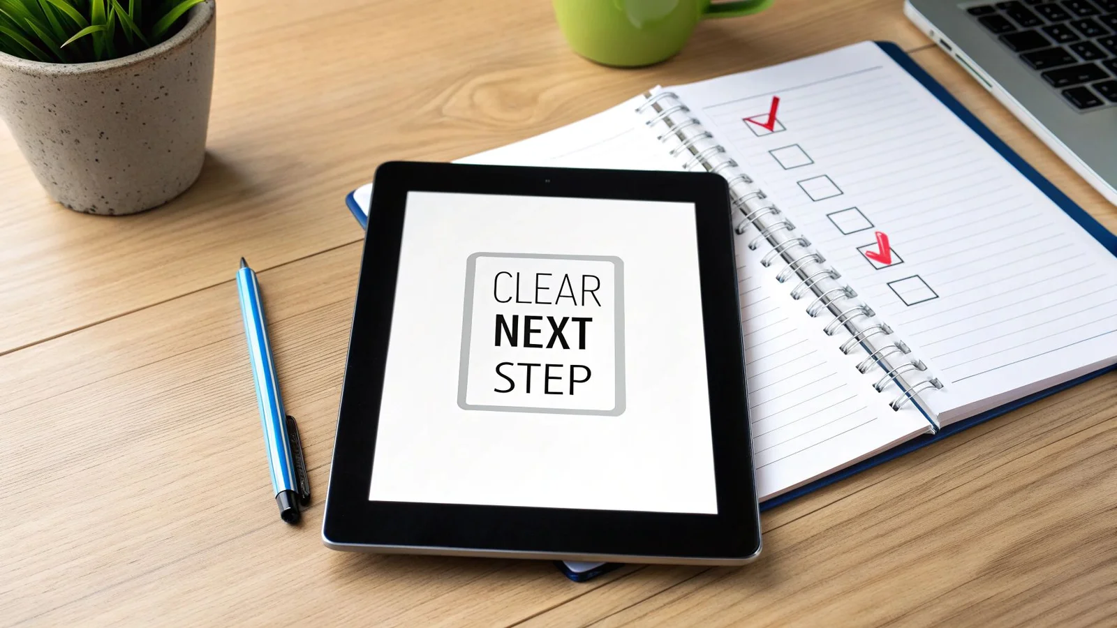 Tablet displaying 'CLEAR NEXT STEP', a notebook with a checklist, pen, and laptop on a wooden desk.