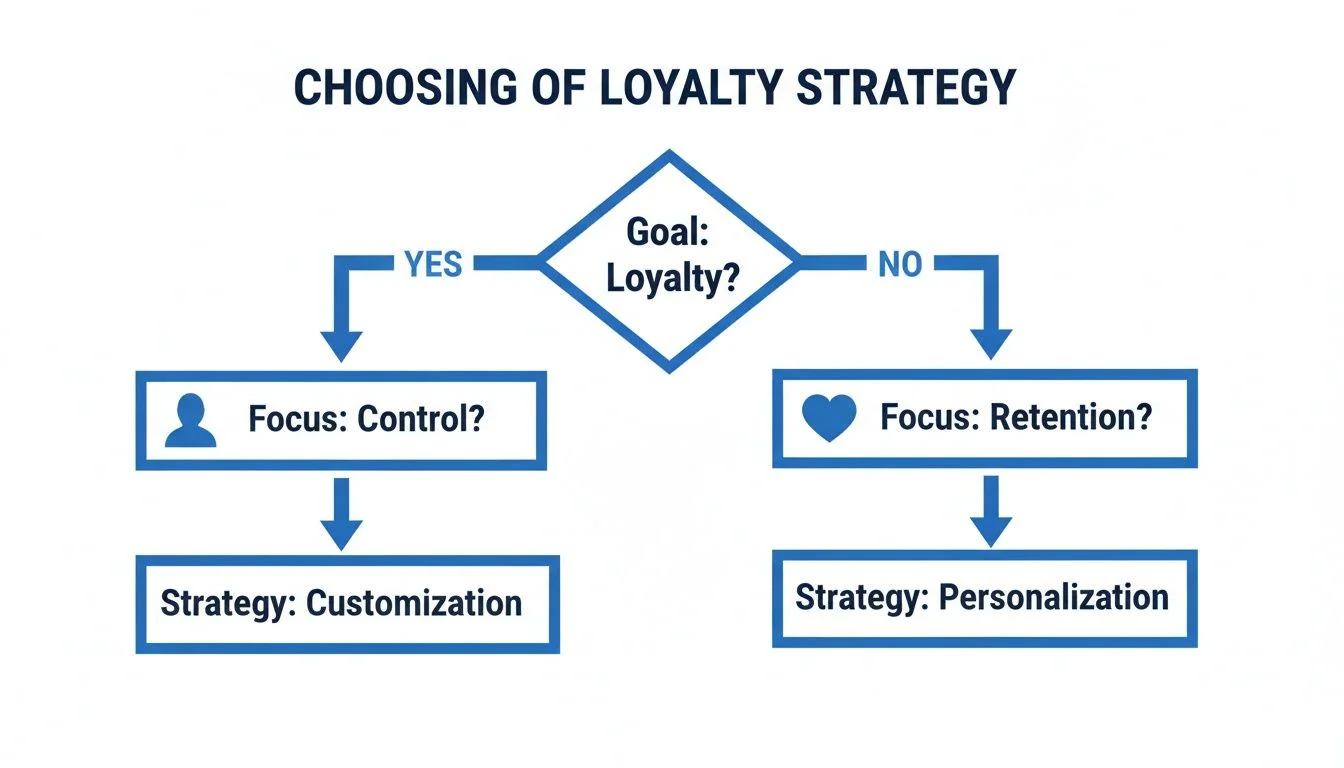 A flowchart showing how to choose a loyalty strategy, leading to customization or personalization.