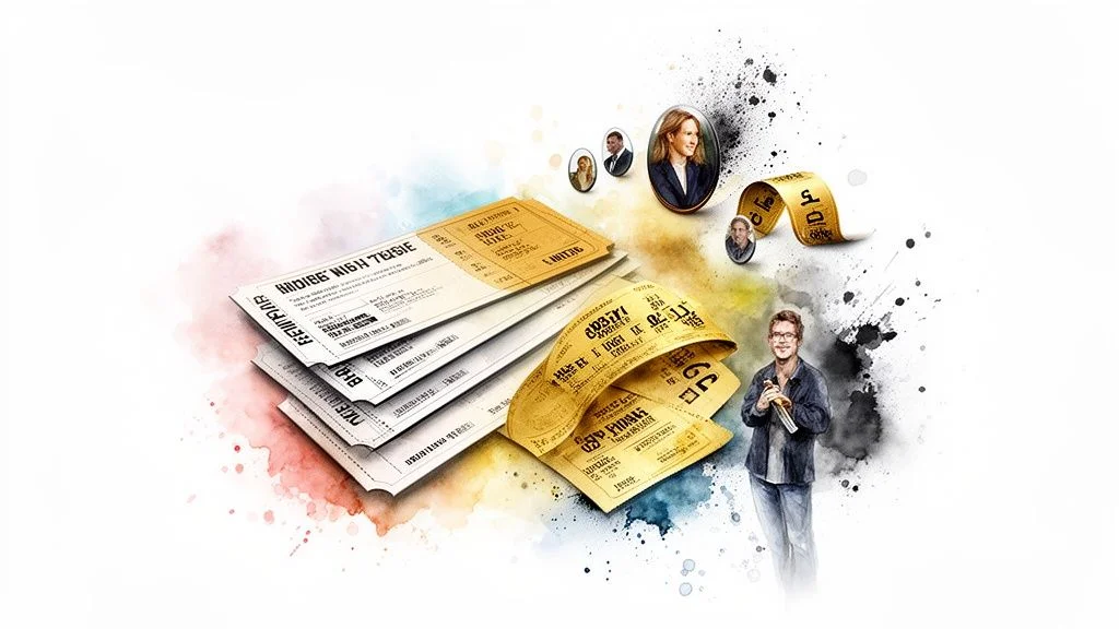 A vibrant watercolor illustration featuring tickets, diverse people portraits, and a man with a trumpet.
