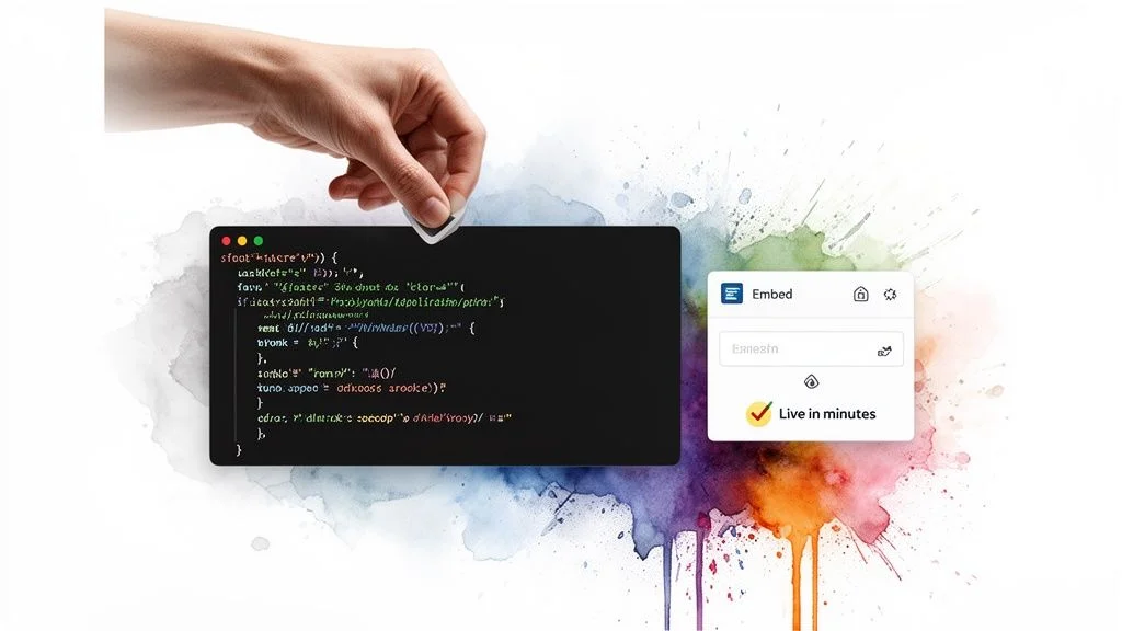A hand holds a pick over a code editor and an 'Embed' window, illustrating web development.