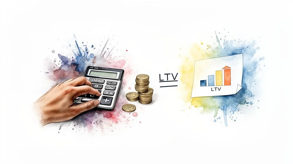A hand using a calculator with coins, representing calculation of Customer Lifetime Value (LTV) with a bar graph.