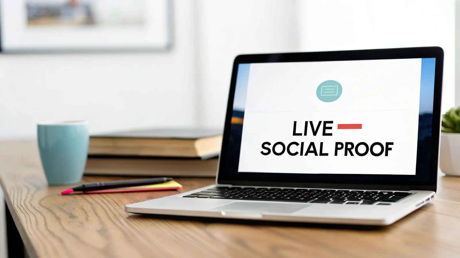 A laptop displaying 'LIVE SOCIAL PROOF' on a wooden desk with a blue cup and books.