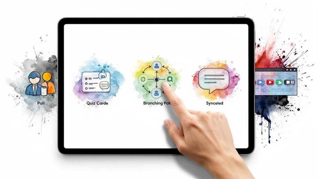 Hand interacting with a tablet displaying interactive content options like Poll, Quiz, and Branching Paths.