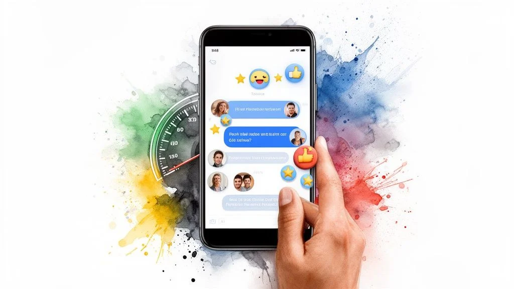 A hand taps a 'thumbs up' emoji on a smartphone displaying a chat app with messages, against a vibrant watercolor and speedometer background.