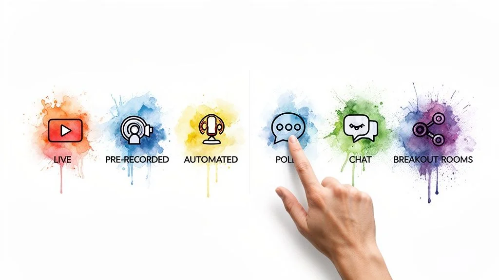 Webinar features including live, pre-recorded, automated, polls, chat, and breakout rooms, with a hand pointing.