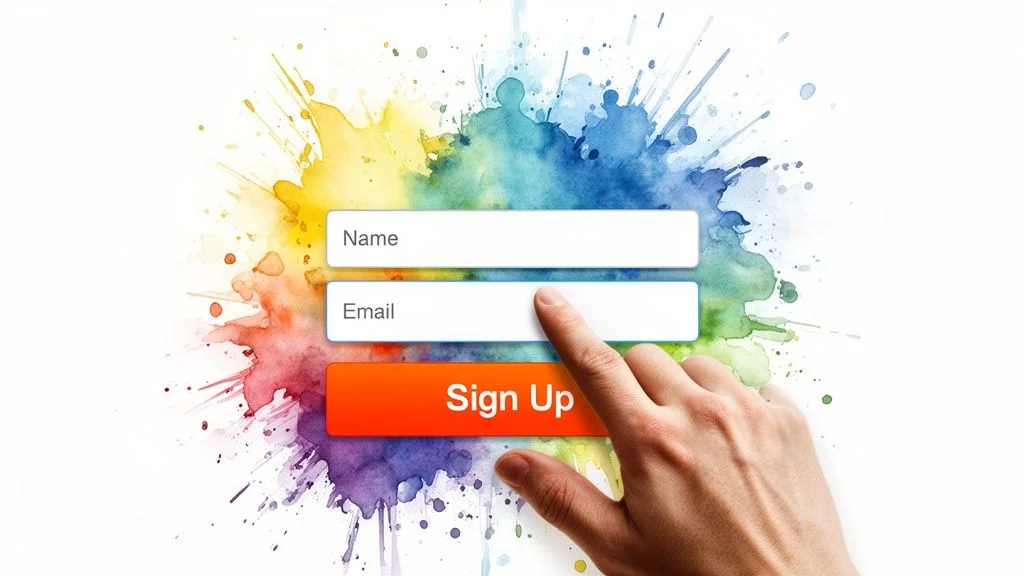 A hand points to the email field on a sign-up form with a colorful watercolor background.