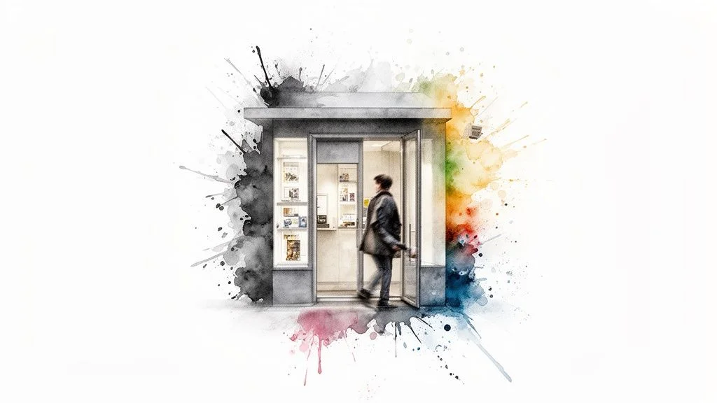 A person walks into a modern kiosk with display shelves, surrounded by colorful watercolor splatters.