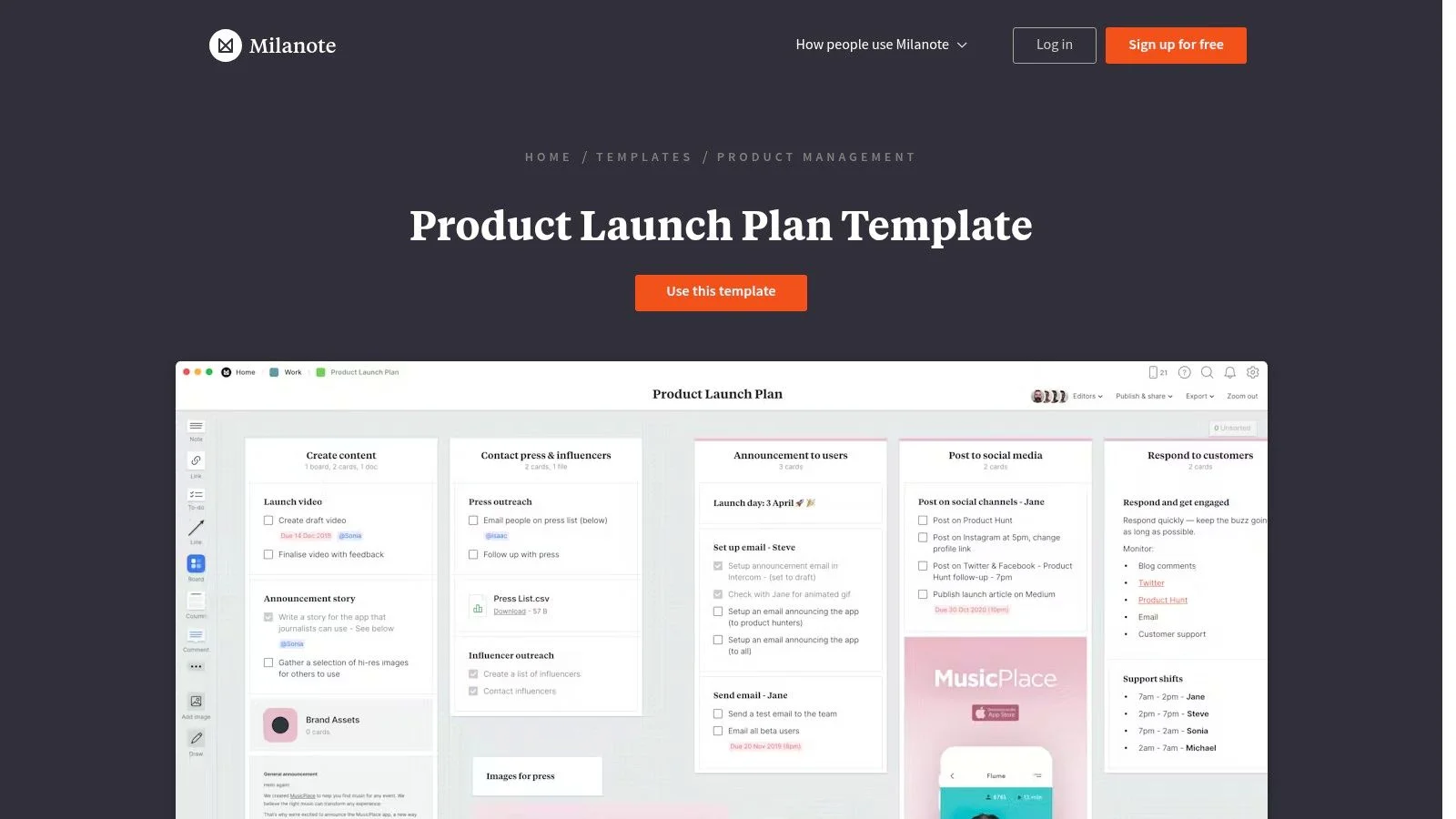 Milanote , Product Launch Plan Template