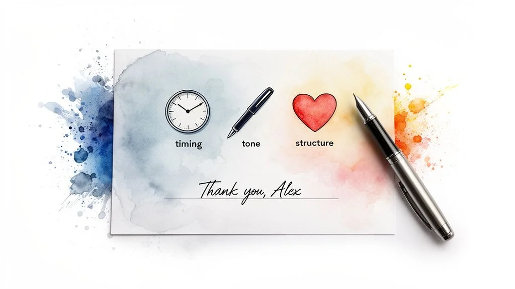 A thank you card with illustrations for timing, tone, and structure, beside a fountain pen.