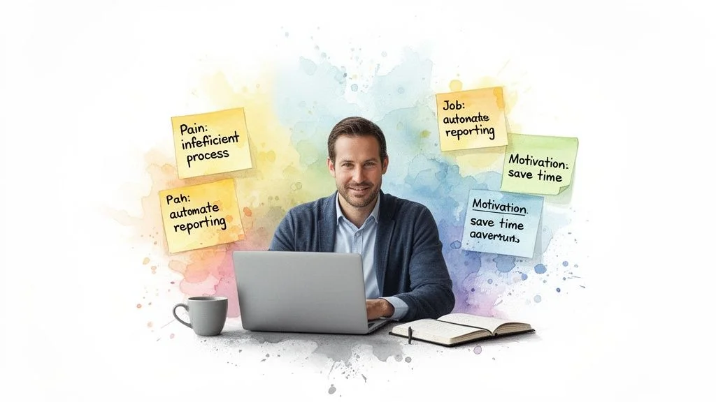 A man working on a laptop with sticky notes detailing business pain, job, and motivation.