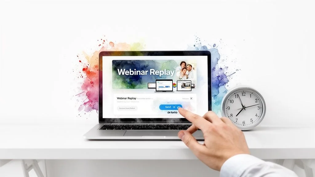 A hand clicks a button on a laptop screen displaying a 'Webinar Replay' page with a clock nearby.