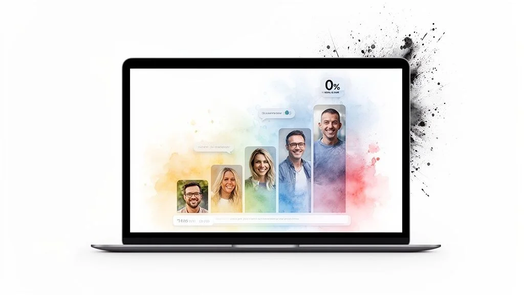 A laptop displaying a colorful digital interface with five smiling people's faces arranged in a progress chart.