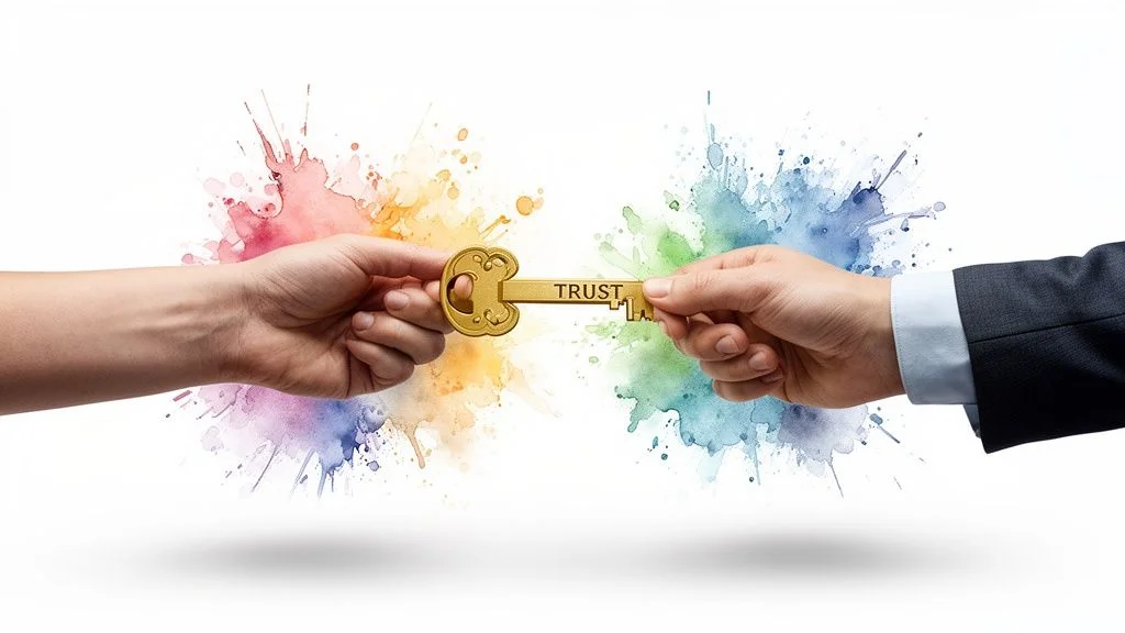 A golden key with 'TRUST' held by two hands against a background of colorful paint splatters, symbolizing partnership and faith.