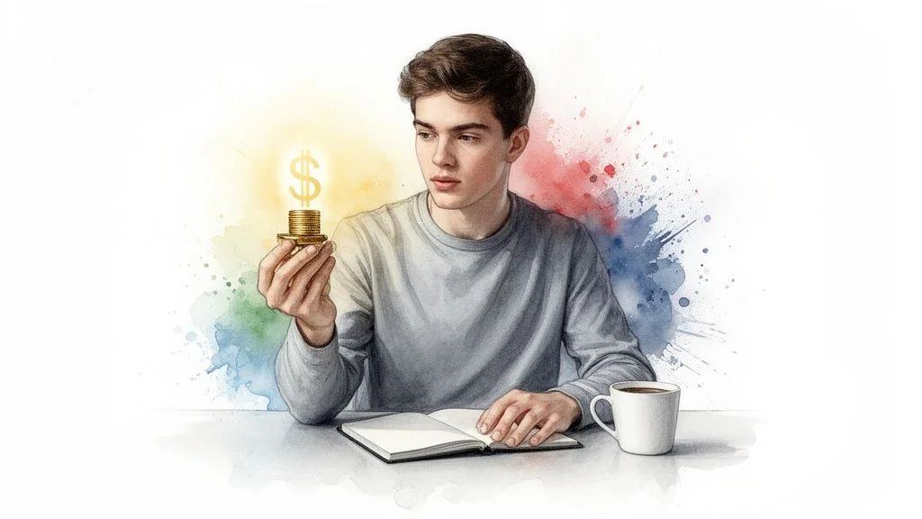 A young man contemplates a stack of glowing coins with a dollar sign, next to a notebook and coffee.