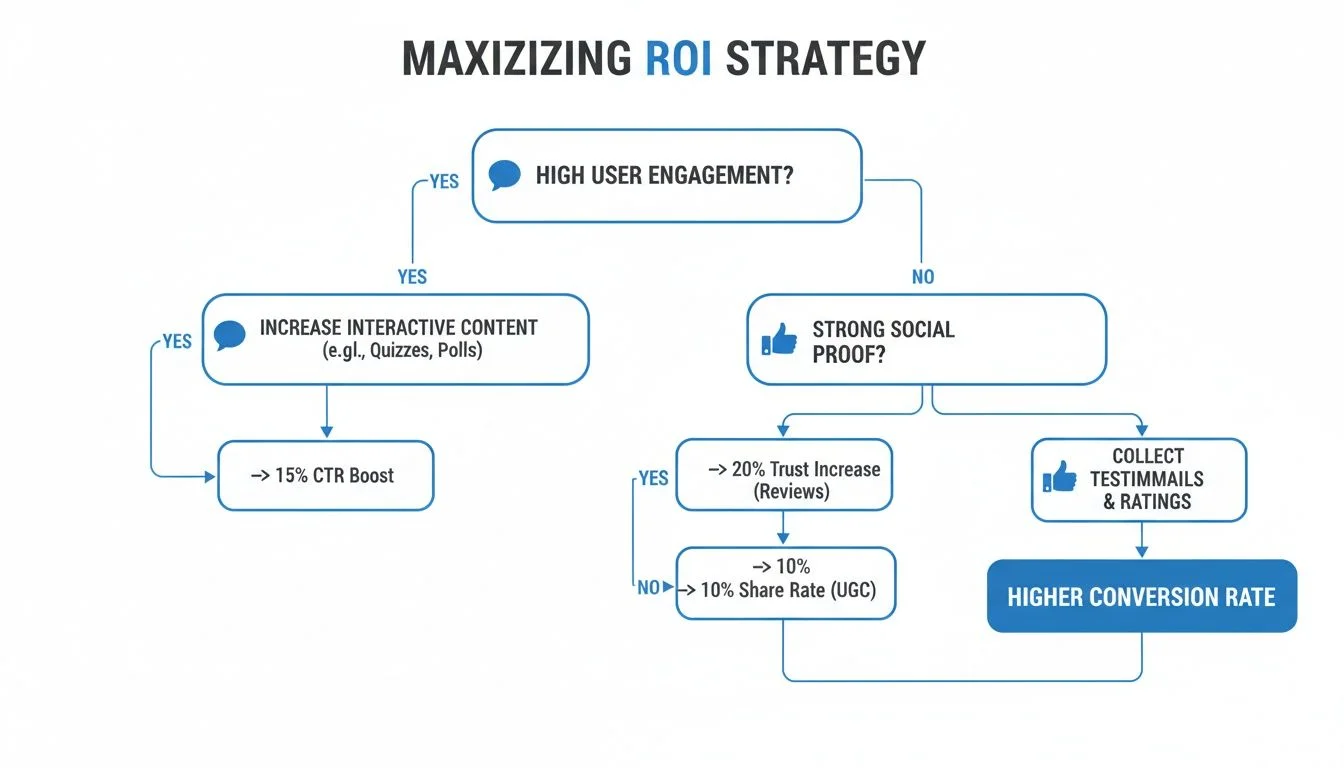 Flowchart detailing a strategy for maximizing ROI by using user engagement and social proof to boost conversions.