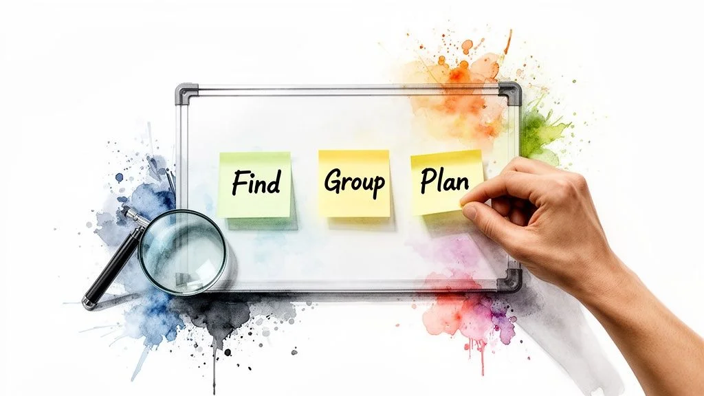 A hand places a 'Plan' sticky note on a whiteboard, with 'Find', 'Group' notes, and a magnifying glass.