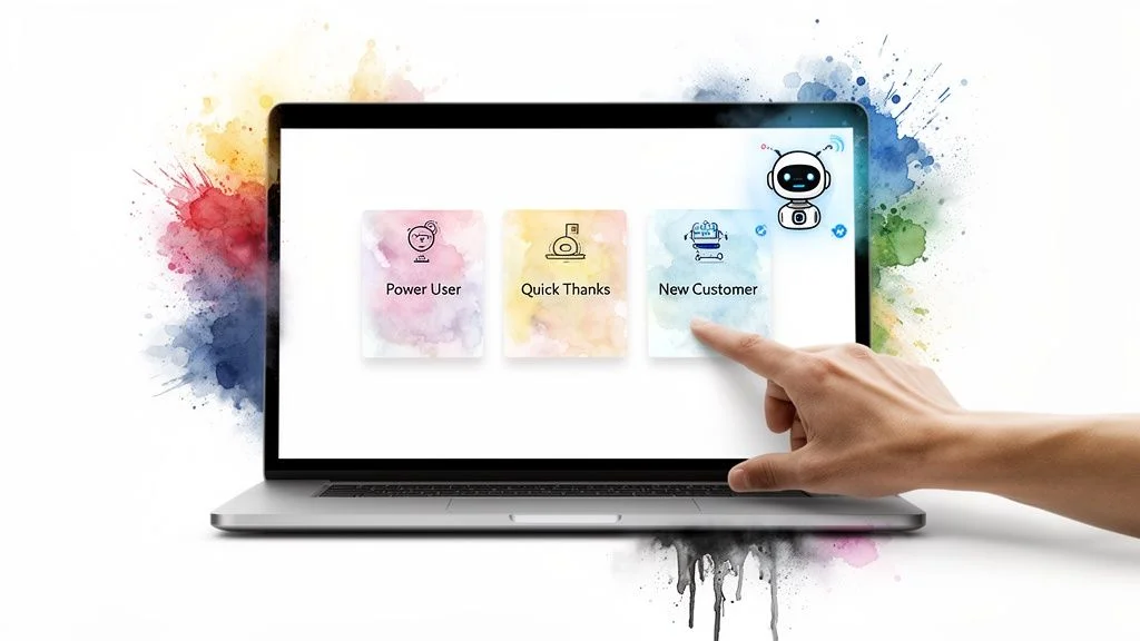 A hand points to 'New Customer' on a laptop screen with a robot and colorful splashes.