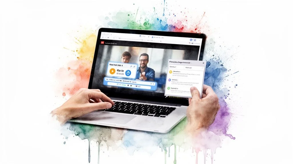 Hands interact with a laptop displaying an online video call and a digital overlay, set against colorful watercolor splashes.