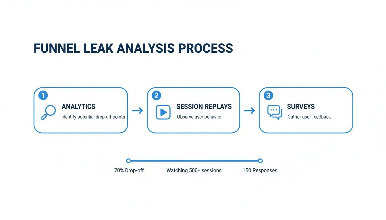 A three-step funnel leak analysis process diagram, including analytics, session replays, and user surveys.