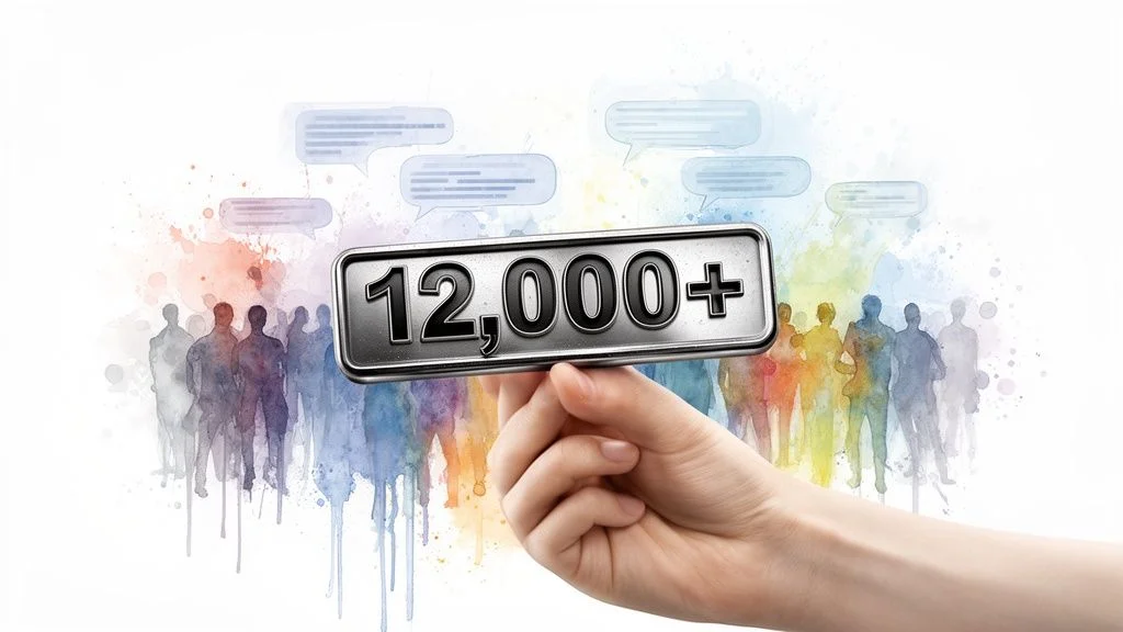 A hand holds a metallic sign showing '12,000+' above watercolor silhouettes of people and chat bubbles.
