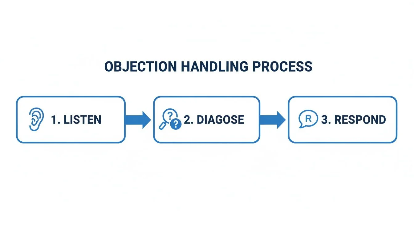 A diagram illustrating the three-step objection handling process: 1. Listen, 2. Diagnose, 3. Respond.